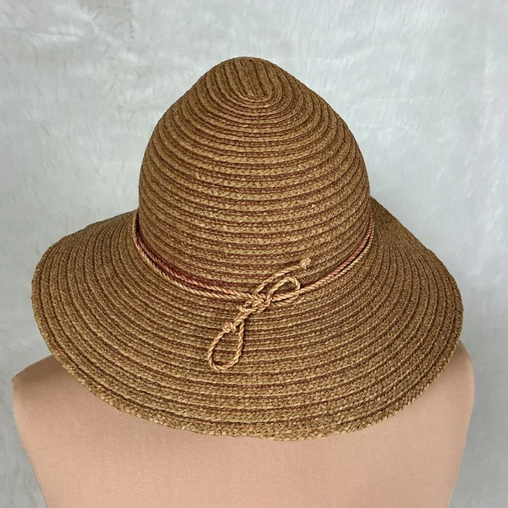 Helen Kaminski Brown Tan Rose 100% Raffia Cloche Bucket Sun Hat
